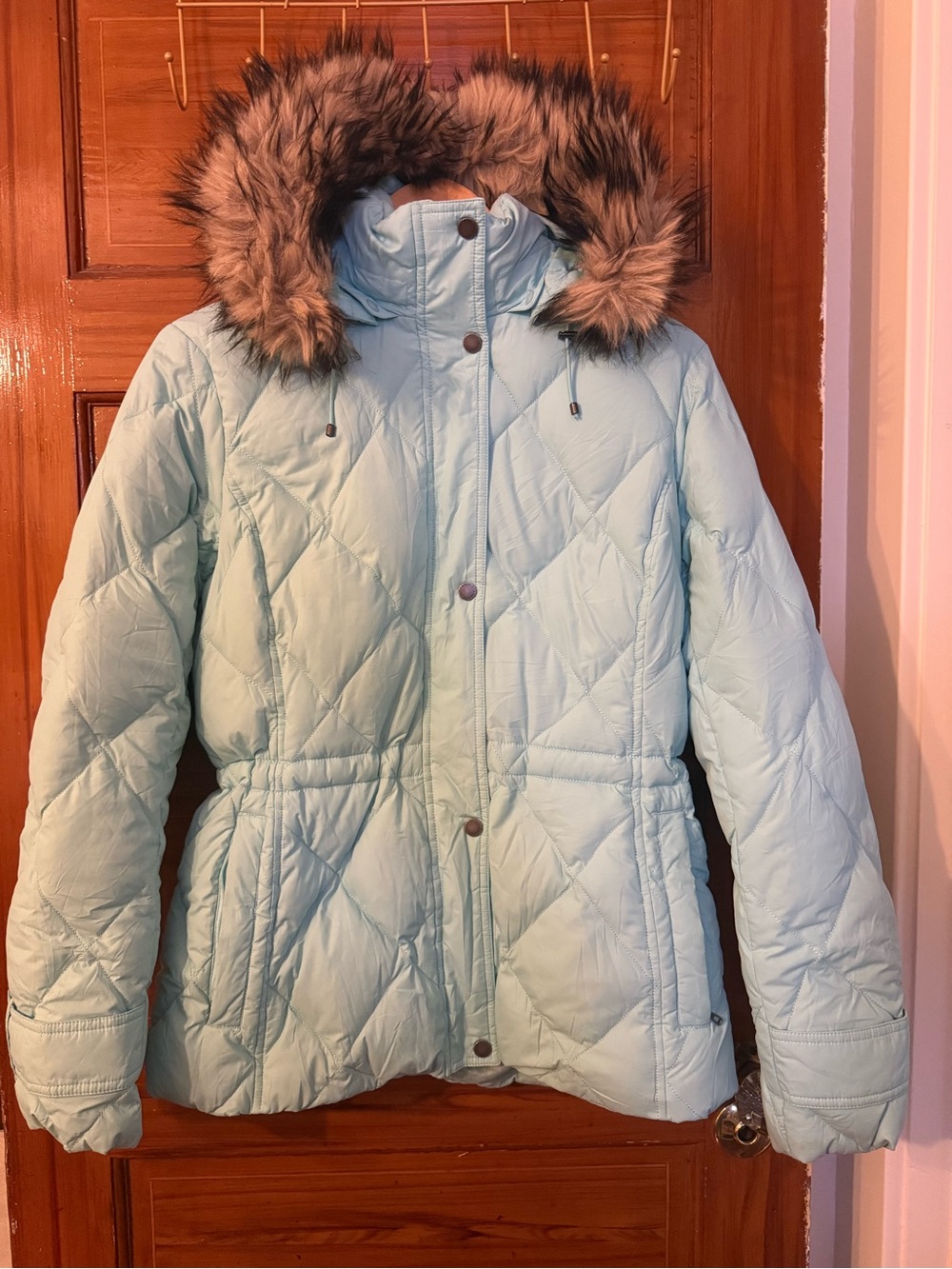 Lands' End Light Blue Quilted Hooded Puffer with Faux Fur Trim